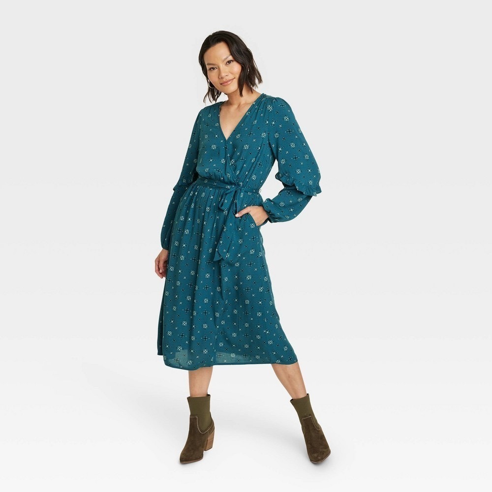 Knox Rose Womens Teal Floral Geometric Print V-Neck Tie Waist Midi Dress Large